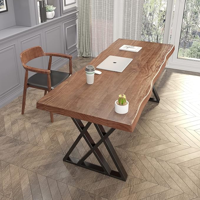 Solid Wood Computer Desk Study Office Desk 55 Writing Desk Modern Simple Style PC Table Black Metal Frame Solid Wood Planks 55 D x 27 W x 29 H for Home Office BedroomRustic Brown