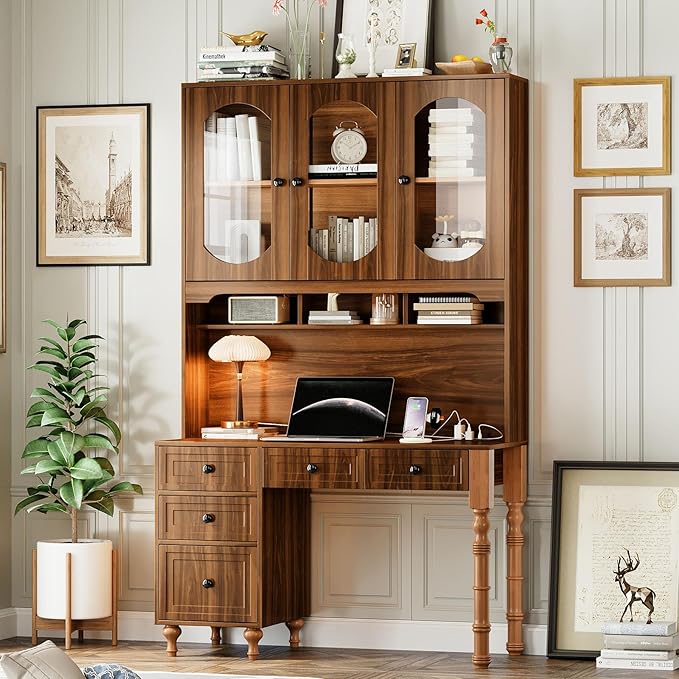 Anwick 47-inch Retro Executive Desk with Charging Ports Hutch Cabinet 5 Storage Drawers &amp Transparent Glass-Door Bookshelf for Home Office Bedroom - Walnut Finish