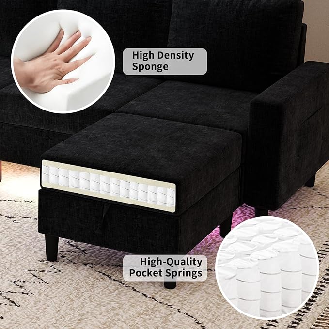 Sectional Couches for Living Room 6 Seat Chenille Sectional Sofa with Smart Module-Wireless Charging/USB/Type-C/RGB Light U Shaped Couch with 2 Movable Storage Ottomans (Black)