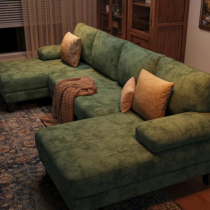 Sectional Couches for Living Room | 112 Inch U-Shaped Sectional Couch | 4 Seat Sofa Set with Double Chaise for Apartment | Green Chenille