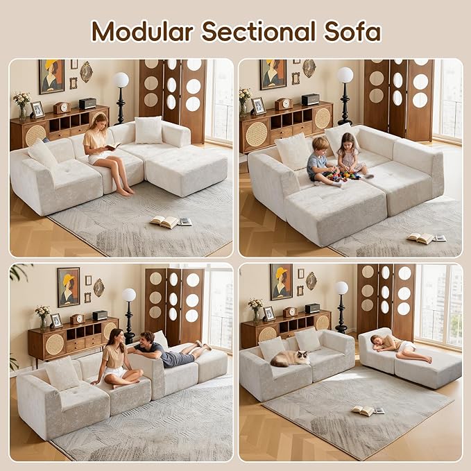 108 Cloud Modular Sectional Sofa Plush L Shaped Couch with Reversible Ottoman No Assembly 3 Seater Velvet Sofa with Chaise Oversized Boneless Couch for Modern Living Room &amp Bedroom (Beige)