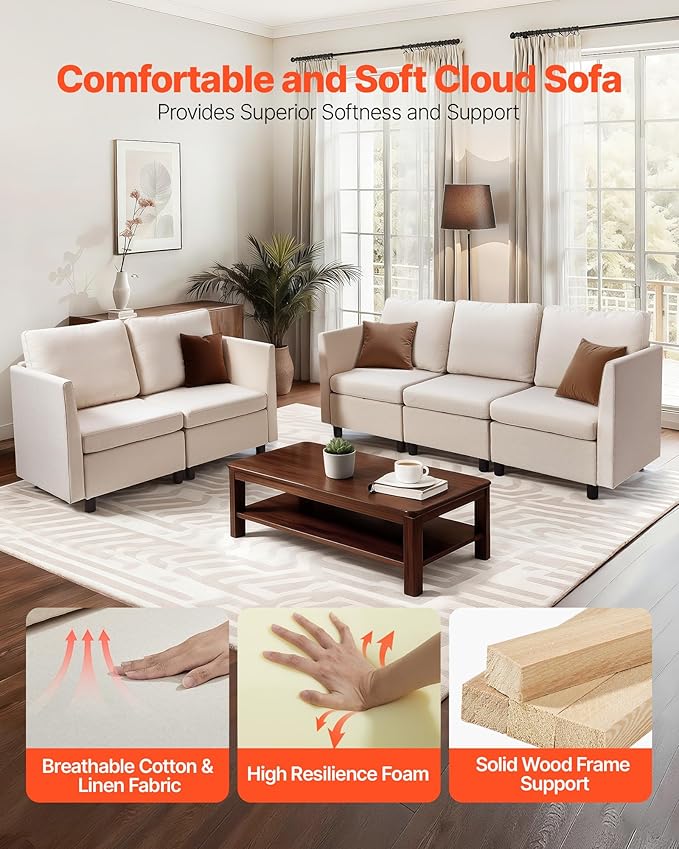 VEVOR Modular Sectional Sofa Modern 5-Seater Modular Sofa with Hidden Storage Customizable Cloud Sectional Couch Solid Wood Frame Upholstered Comfy Couch for Living Room Bedroom Beige