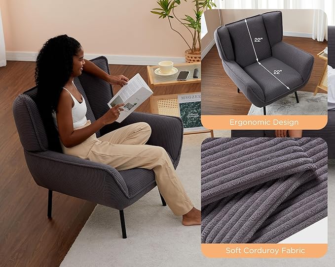 AMERLIFE Accent Chair- Upholstered Living Room Chair with High Wingback Grey Reading Armchair for Bedroom Comfy Corduroy Chair