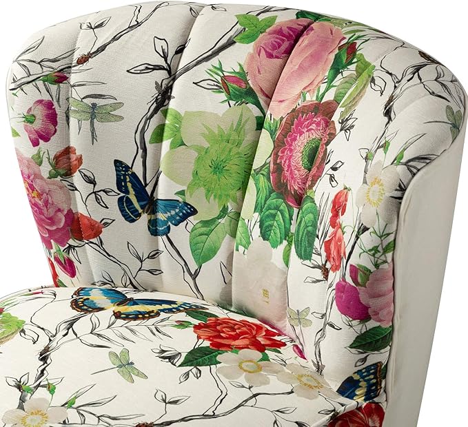 TINA'S HOME Armless Accent Chair with Gold Metal Legs Comfy Tufted Floral Fabric Living Room Chair Wingback Small Side Chair Upholstered Slipper Chair for Bedroom Reading Room (Print Flower IVORY)