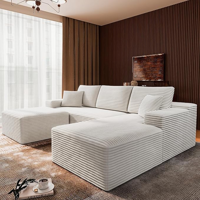 3-Piece Boneless Modular Sectional Sofa Cloud Couch Right Facing Chaise with Ottoman Oversized Deep Seat Soft Corduroy Fabric Sectional Couch for Living Room-White