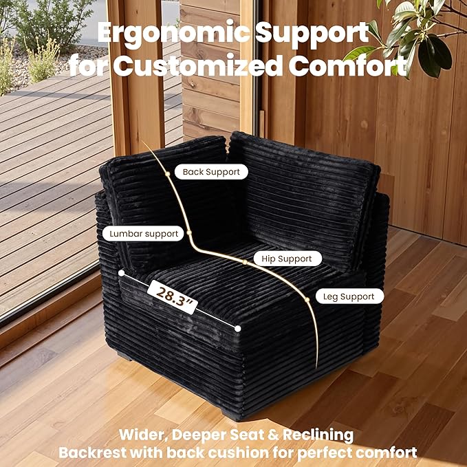 32.7'' Corner Seat for Modular Sectional Sofa Deep Seat Upholstered Convertible Sleeper Sofas L/U/V Shaped Plush Corduroy Cloud Couch for Living Room Apartment Black