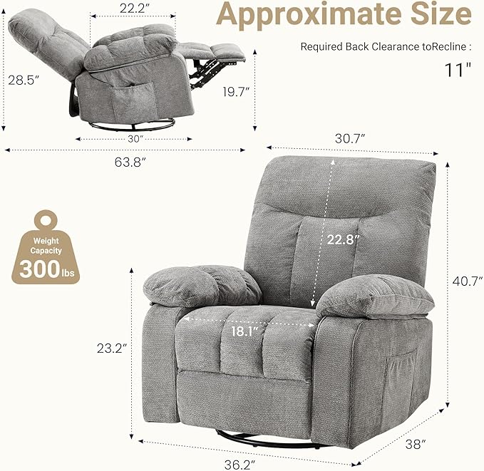 Rocker Swivel Recliner Chair for Adults Single Reclining Sofa Chair with Heated and Full Body Massage Lounge Recliner Glider for Small Living Room Bedroom Light Gray
