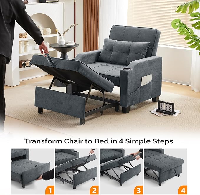 VINGLI Dark Grey 3-in-1 Convertible Futon Sofa Bed Pull Out Couch Bed Adjustable Recliner Chair with USB Ports Cup Holders Side Pockets for Living Room Bedroom Small Spaces