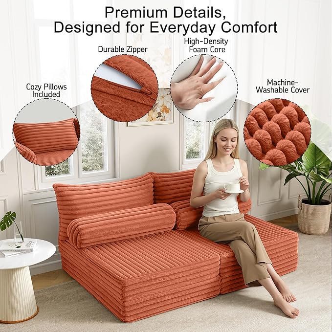 MeMoreCool Convertible Sofa Bed Folding Floor Couch Bed Queen Pull Out Sleeper Couch with Pillows Fold Out Futon Sofa for Bedroom Living Room Small Space Corduroy Orange