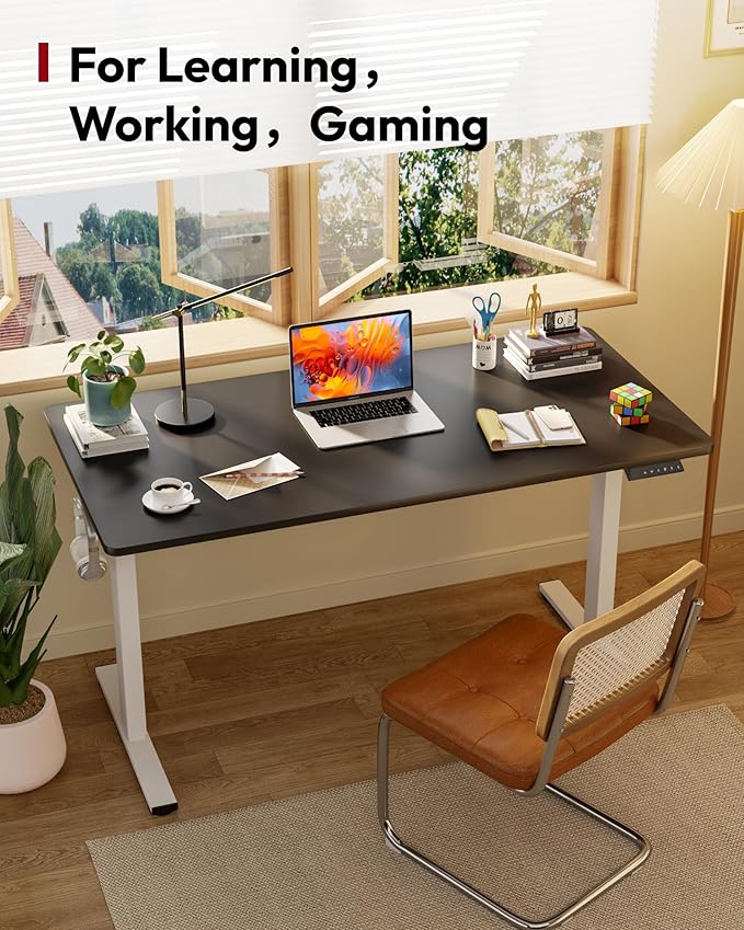 SANODESK Electric Standing Desk 48 x 30 Inches Whole-Piece Desktop Height Adjustable Stand Up Desk w/6-Button Controller Ergonomic Computer Desk for Home Office White Frame + Black Tabletop