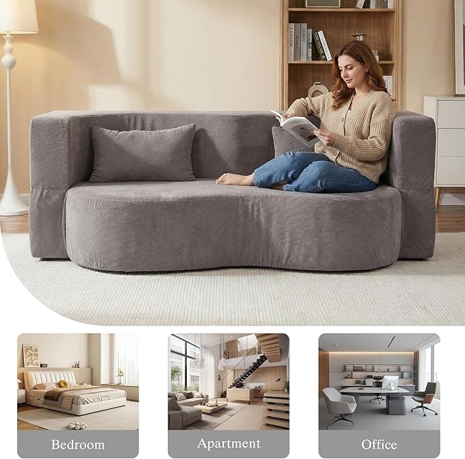 2-in-1 Folding Convertible Sofa Bed - 78 Inch Boneless Teddy Loveseat Sleeper Foldable Floor Futon Couch with Pillow Pull-Out Modular Matress for Small Spaces (Living Room/Bedroom/Dorm) (Gray)