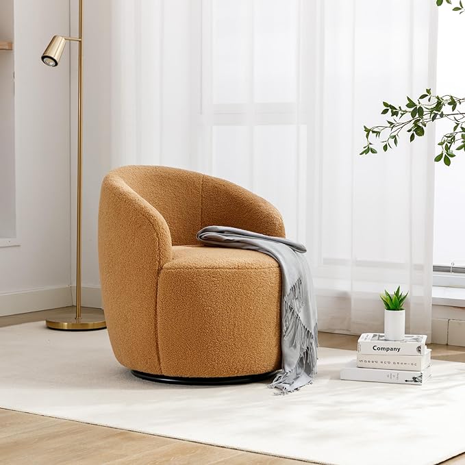 Swivel Barrel Accent Chair 360° Swivel Chair with Black Powder Coating Metal Ring Small Leisure Chair Single Sofa Chair for Living Room Hotel Bedroom Office Coffee Shop (Khaki + Wool)