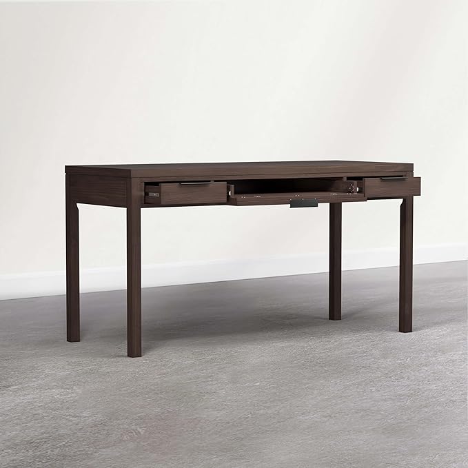 SIMPLIHOME Hollander Desk - 60 Inch Wide Solid Wood Writing Desk in Dark Brown Walnut Contemporary Home Office Computer Table for Workspace or Study with 2 Drawers and Flip-Down Keyboard Tray