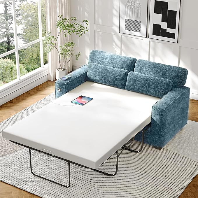 Marsail Pull Out Sofa Bed Queen Size Sleeper Sofa with Memory Foam Mattress 2 USB Charging and Removable Covers Loveseat for Living Room Apartment Supports 600 LBS Chenille Fabric Blue