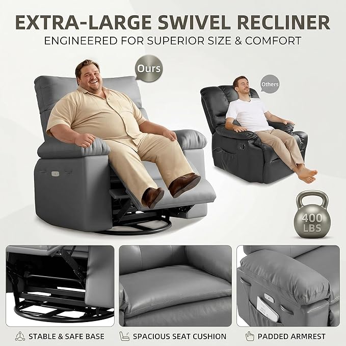 IDEALHOUSE Recliner Chair 22 Wide Seat Recliner Oversized PU Leather Living Room Chairs Wipe Clean Manual Push-Back Reading Chair with Side Pocket Grey
