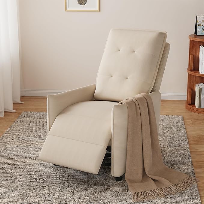 Manual Recliner Chair for Adult Velvet Reclining Chair with Chunky Cushion for Small Space Comfortable Reclining Sofa for Living Room Bedroom Home Theater Easy Assembly (Beige)