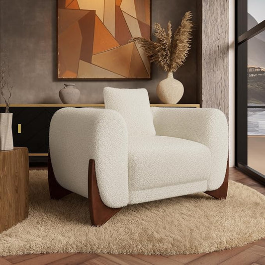 Morden Fort Boucle Armchair Modern Upholstered Sofa Chair Wooden Leg with Durable Comfy Boucle Pet-Friendly 25'' Deep Seat &amp Pillow Couch Accent Chairs for Living Room Bedroom Reading Beige