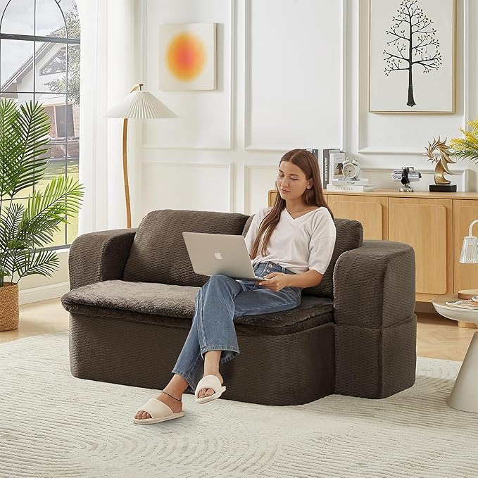 Convertible Folding Sofa Bed 75 Futon Floor Couch Modular Sleeper Loveseat Sectional Couches Boneless Cloud Plush Fluffy Fabric for Living Room Guest Room No Assembly Required Brown