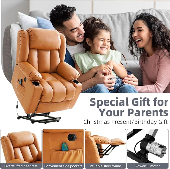 Power Lift Recliner Chair for Elderly Electric Recliner Chairs for Adults with Massage and Heat Cup Holders Remote Control USB Ports Side Pockets Leather (Golden Orange)