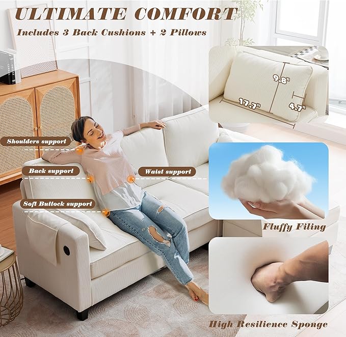 MAGIC UNION Convertible Sectional Couches for Living Room - Small Space Couches L-Shaped Sofa Upholstered 3 Seats Sofas W/Storage Chaise USB Ports Side Pockets and Pillows (Corduroy Fabric White)