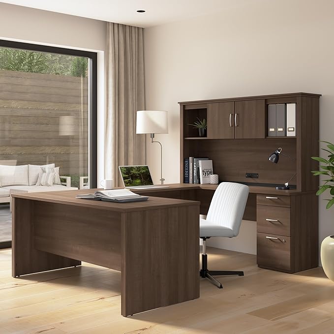 Bestar Logan 66W U or L-Shaped Executive Office Desk with Pedestal and Hutch in Antigua