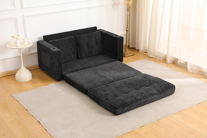 ERYE Foldable Loveseat Sofa Convertible Pull Out Sleeper Sofabed2 Seat Tufted Upholstered Sofa Modern Convertible Sleeper Couch Bed with Cupholders and Side Pockets