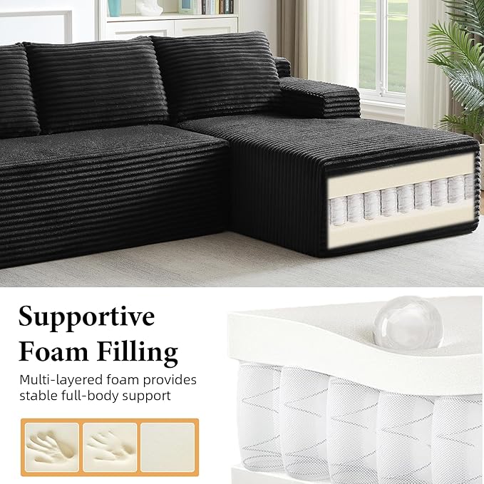 Boneless Couch Corduroy Cloud Sofa 96'' Sectional Couches Deep Seat L-Shaped Sofa No Assembly Pet-Friendly Apartment Couch for Living Room Small Spaces in a Box