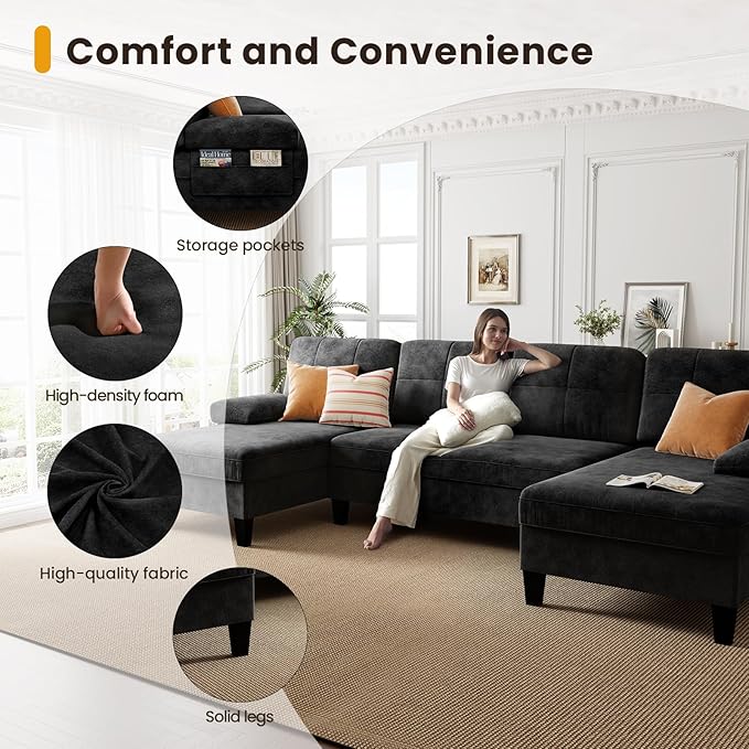KKL Sectional Sofa Couch for Living Room U Shaped Couch with Storage Home Sofas with Chaise Modern Comfy Couches for Apartment Living Room Furniture Chenille (Black U Shape)