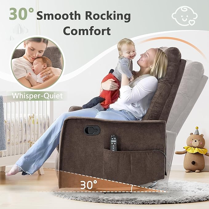cinkehome Swivel Rocker Recliner Glider Rocker Recliner Chair for Nursery Manual Reclining Chair with Heated Massage Small Spaces Living Room Linen Brown