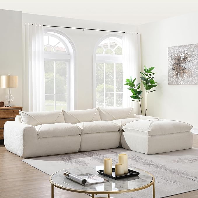 116'' Oversized Modular Sofa Fully Compressed 4 Seat Spacious Foam-Filled Sofa Bed for Living Room Free Combination Friendly Design L-Shaped Comfy Couches No Assembly Required (White-QJ88)