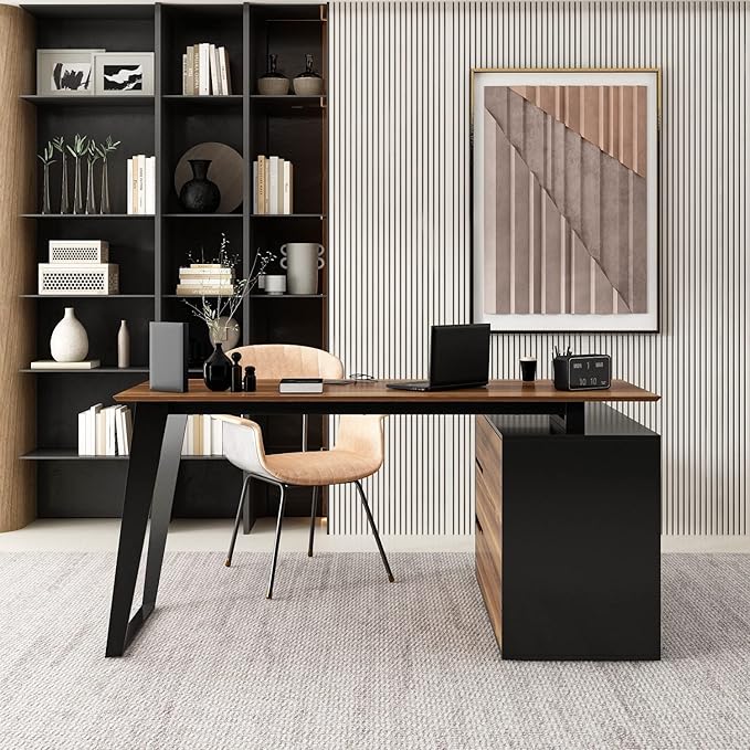 Home Office Desk L-Shaped with Drawers Cabinet Corner Brown Industrial L-Shape MDF Metal Wood Finish