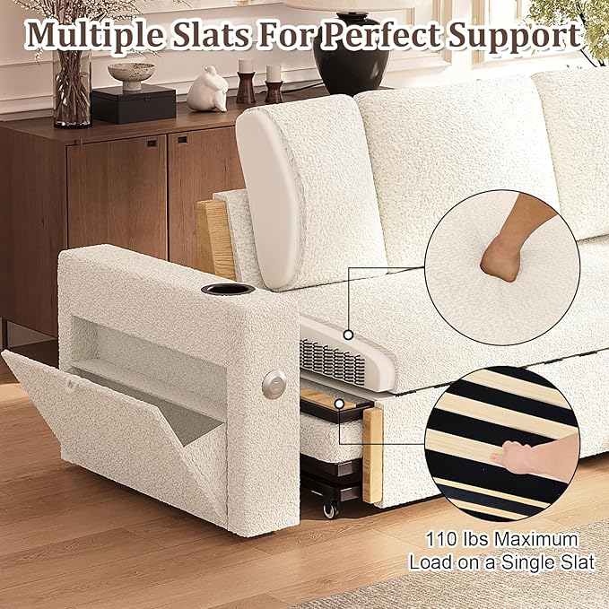 Sleeper Sofa Bed 4-in-1 Pull Out Couch with Reversible Chaise | Dual USB &amp Type-C Charging | Dual Cup Holders | Layered Storage (Armrest + Chaise) for Living Room Apartment Home Office (White)