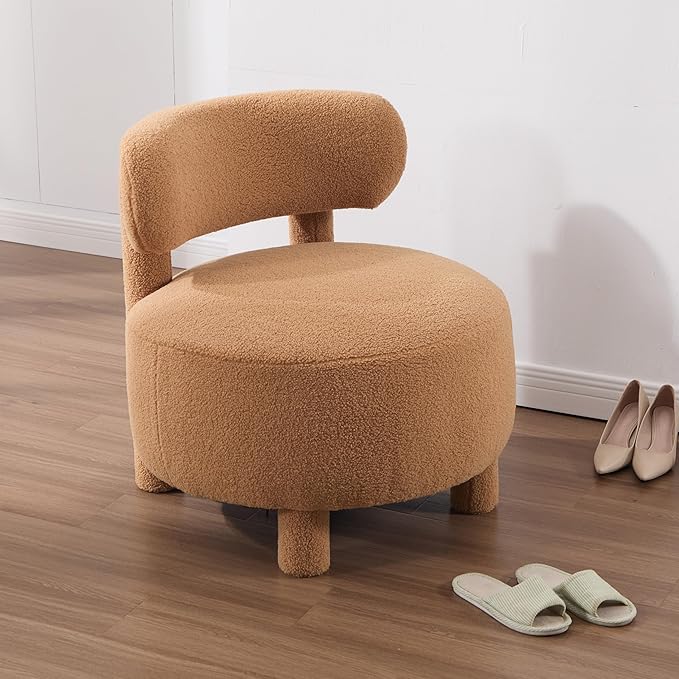 Modern Armless Accent Chair Comfortable Upholstered Living Room Chair with Curved Backrest and Solid Wooden Legs Bedroom Reading Chair Entrance Dressing Table Apartmen (Khaki + Teddy)
