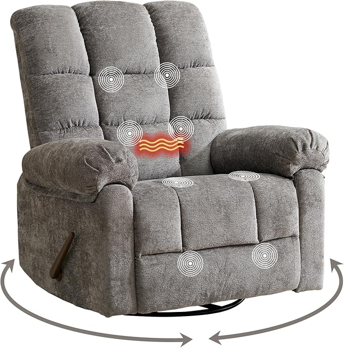 Oversized Swivel Rocker Recliner with Heat and Massage Comfy Rocking Chair Overstuffed Rocker ReclinerWide Manual Recliners for Living RoomGrey
