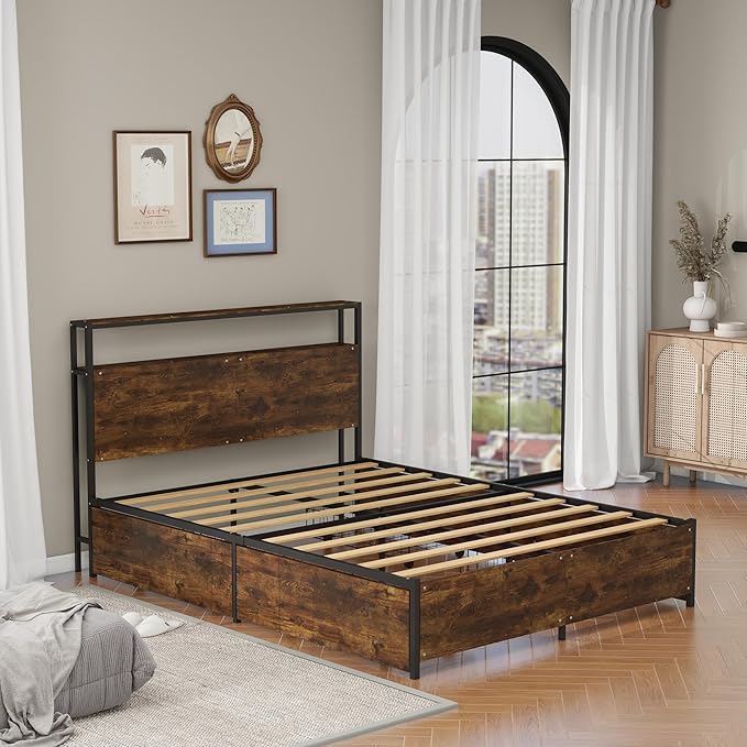 Panana Queen Bed Frame with Storage Headboard Platform Bed with 4 Drawers No Box Spring Needed Easy Assembly Vintage Brown