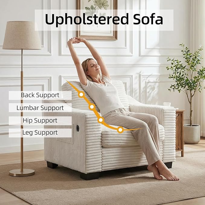 46.1''W Oversized Accent Chair Modern Single Armchair with USB Charger &amp Storage Pocket Comfy Reading Chair Tufted Corduroy Fabric for Living Room Bedroom Apartment Office (Beige)