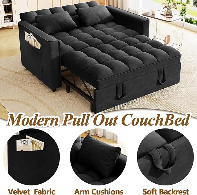 3 in 1 Convertible Sleeper Sofa Bed 52'' Velvet Pull Out Couch Bed with Comfy Pillows &amp Adjustable Backrest/Side PocketsFuton Loveseat Sleeper Sofa for Small Spaces Living Room Bedroom (Black)