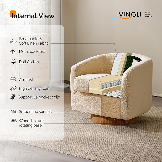 VINGLI 360°Swivel Accent Chair with Engineered Wood Base and Removable Cushion for Living Room Bedroom Curved Back Barrel Chair for Small Space Upholstered Bucket Armchair Teddy Khaki