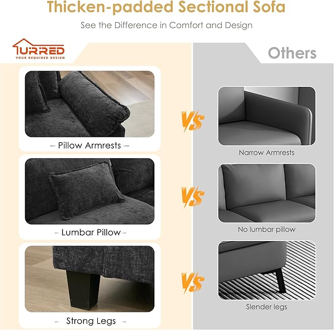 URRED Cloud Couch Modular Sectional Sofa 87 Modern L Shaped Deep Seat Sofa with Ottoman &amp Pillows Ultra Comfy Chenille Couches for Living Room Bedroom or Apartment Black