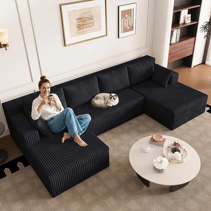 123 Cloud Modular Sectional Couch U-Shaped with Two Chaise Corduroy Boneless Couch for Living Room Bedroom Deep-Seat Upholstered Modular Cloud Sofa No Assembly Required Black