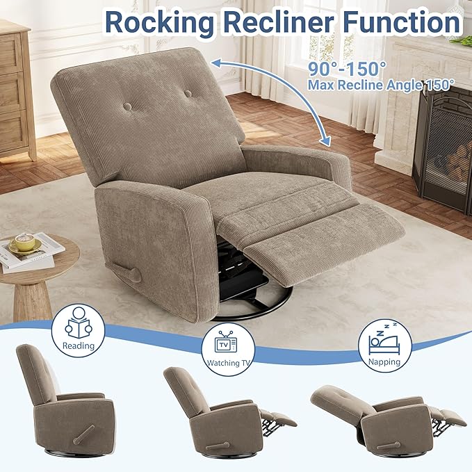 GarveeHome Recliner Chairs Swivel Rocker Recliner Glider Recliner Nursery Chair 360 Swivel Glider Rocking Chair for Living Room Bedroom Office RV Small Spaces Corduroy Brown