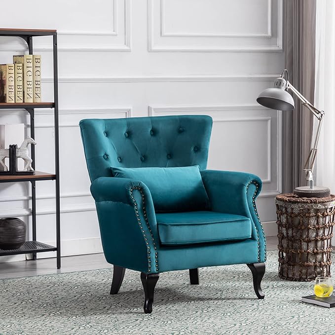 Accent Reading Arm Chairs for Living Room Bedroom Midcentury Modern Comfy Corner Sofa Chair Wingback Waiting Room Club Chair with Button Tufted Back &ampLumbar Pillow Velvet Teal