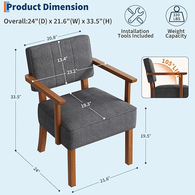 GarveeHome Linen Fabric Accent Chair Mid-Century Modern Armchair with Classic Vertical Stripe Reading Leisure Chair with Wood Frame for Living Room Grey