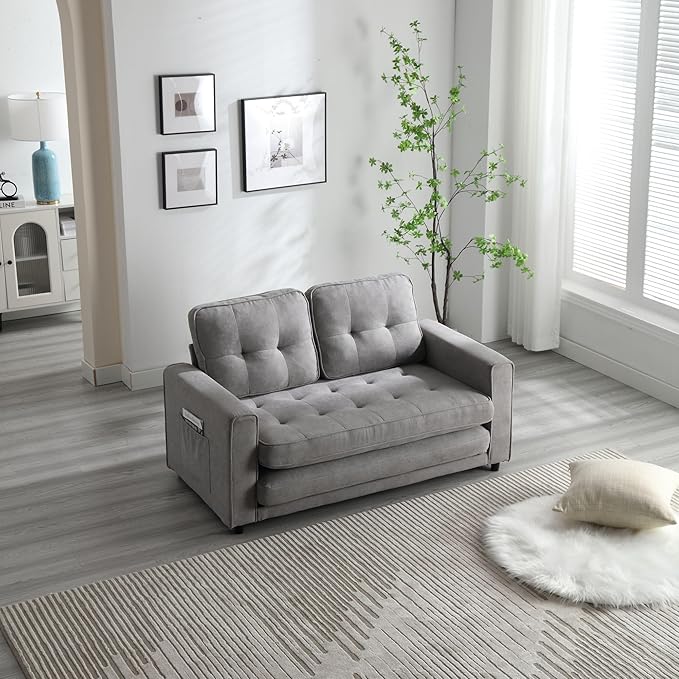 Futon Sofa Bed Convertible Folding Futon Couch Breathable Small CouchAdjustable Pull Out Chaise Lounge Couch for Compact Living Studio in Living Room and Bedroom Offices Loveseat (Light Gray)