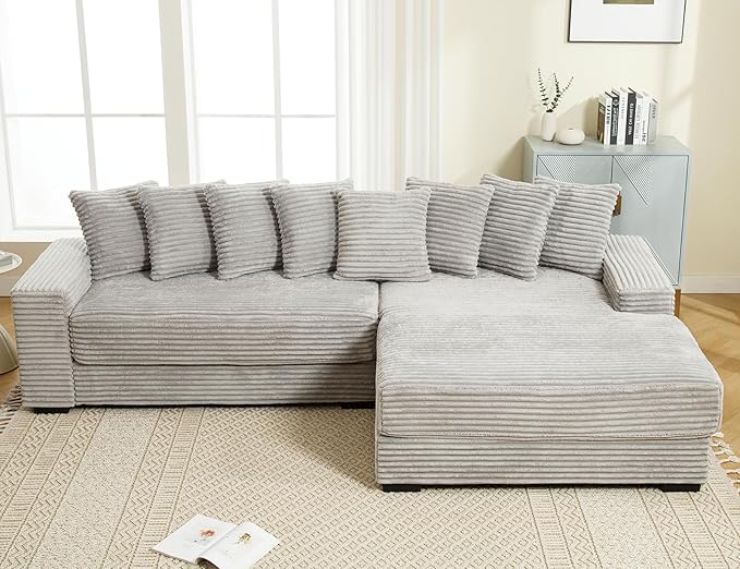 111 Inch Cloud Sectional Couches for Living Room | L-Shaped Sectional Couch with 8 Pillows | Corduroy Couch with Deep Seat | Solid Wood Frame Sofa Light Grey (Right Facing Chaise)