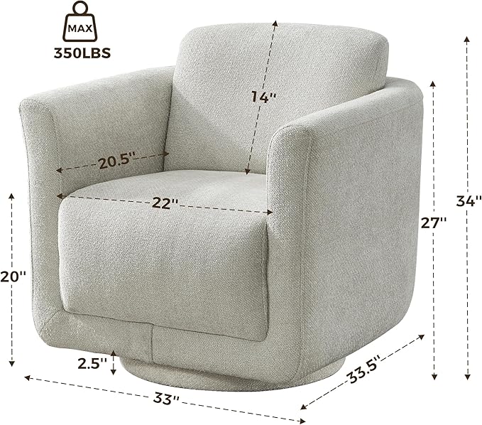 Swivel Accent Chair 360° Upholstered Swivel Chair 350 lbs Capacity Kiln Dried Solid Wood Frame Lumbar CushionFSC Certified Upholstered Chair for Living Room BedroomGray
