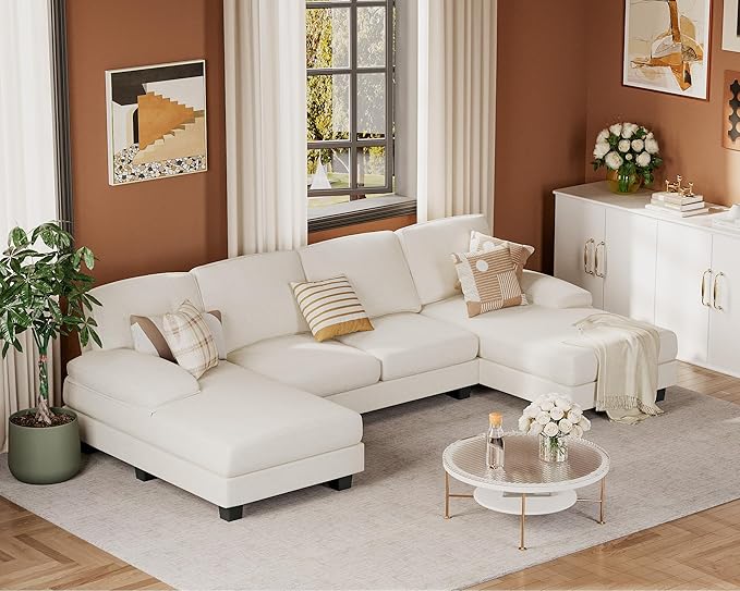 JUMMICO Sectional Couches for Living Room U Shaped Couch with Chenille Fabric 4 Seat Modern Sofa with Removable Pillows for Apartment and Small Space (Fabric White)