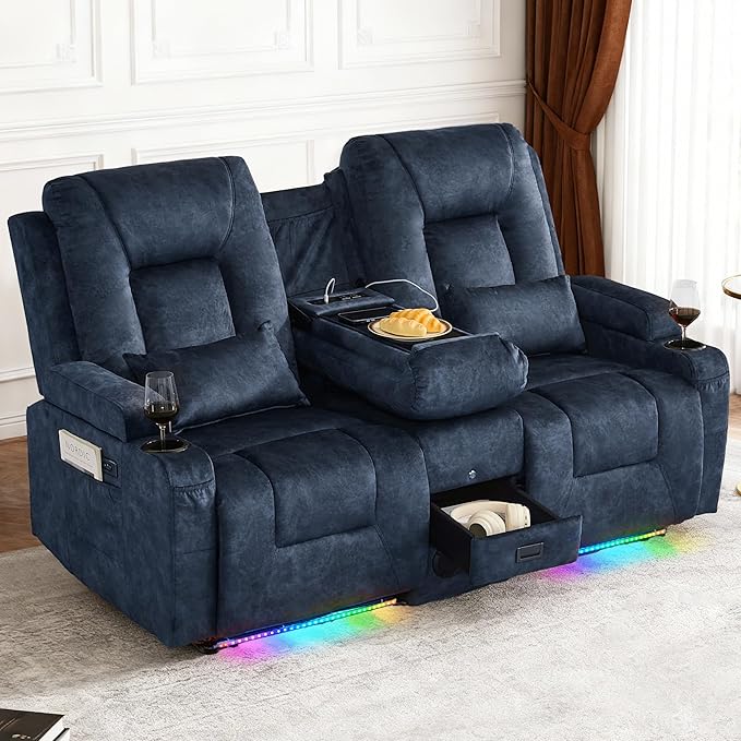 IPKIG Power Recliner Loveseat with Console Zero Wall Hugger Sofa Couch Velvet 2-Seater Sofa with LED Lights AC Outlets USB Ports Cup Holders Blue | Storage Drawer Bluetooth Speaker Living Room