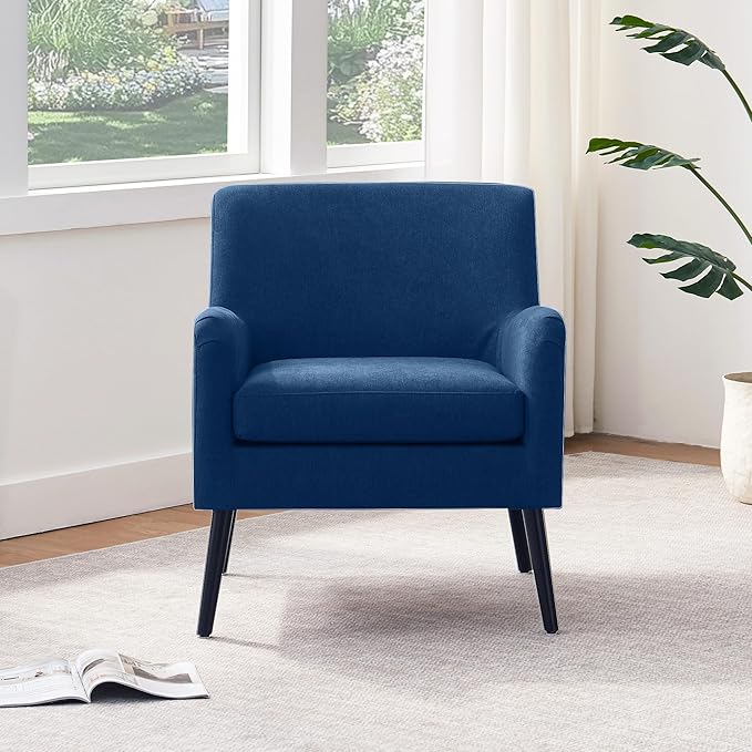 Accent Chair Living Room Chair with Wooden Legs Fabric Reading Chair Mid Century Modern Chair Upholstered Armchair for Bedroom Study Office (Blue)