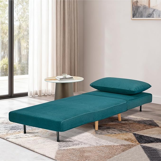 31 Convertible Sleeper Chair 3-in-1 Foldable Chair Bed with Pillow 3-Position Adjustable Backrest Single Sofa Bed for Apartment Office Peacock Blue
